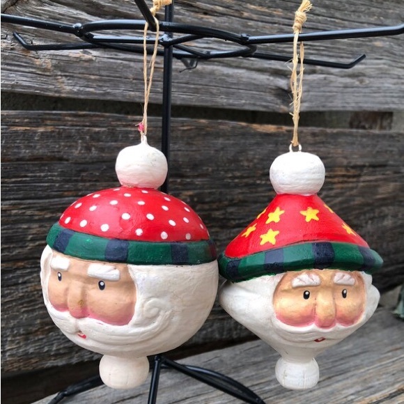 Set of 2 Primitive Santa Claus head Decorations Christmas ornaments St. Nick ❤️ - Picture 2 of 11